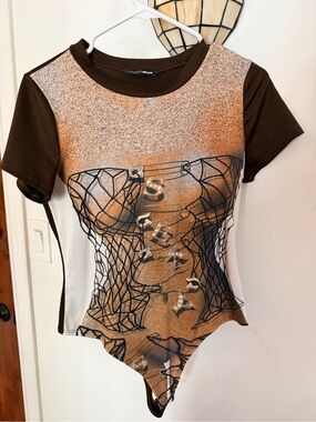 Fashion Nova Brown and Black Graphic Short Sleeve Bodysuit